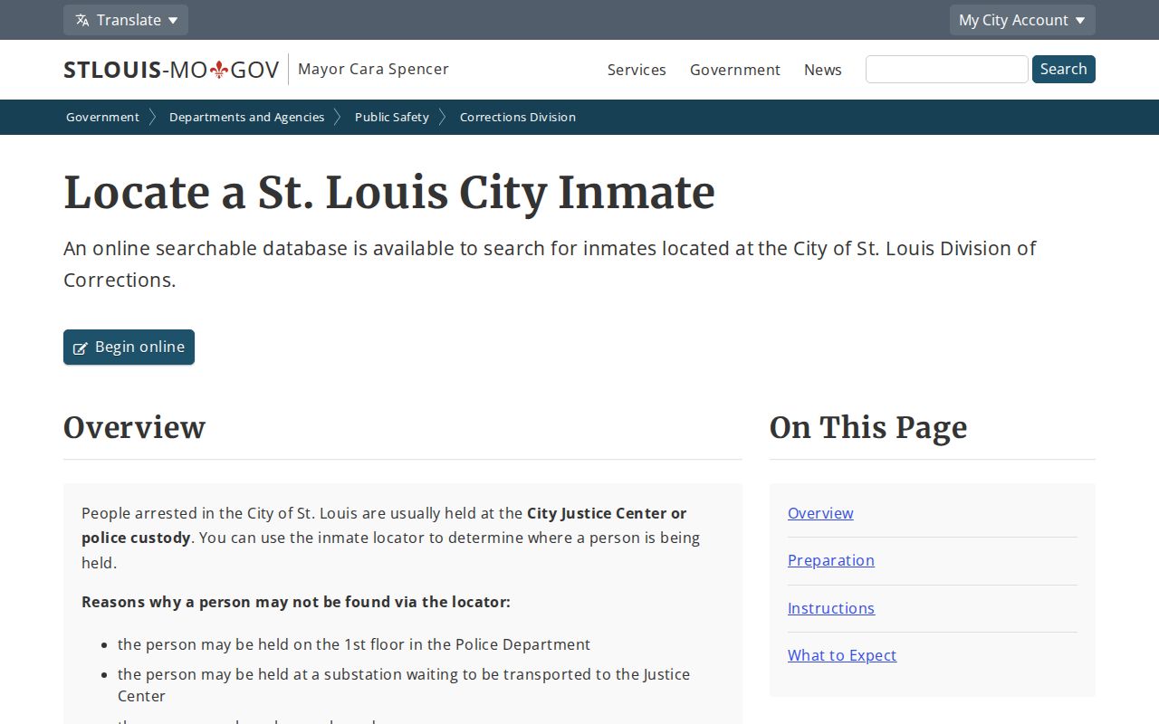 St. Louis City inmate locator instructions for custody records