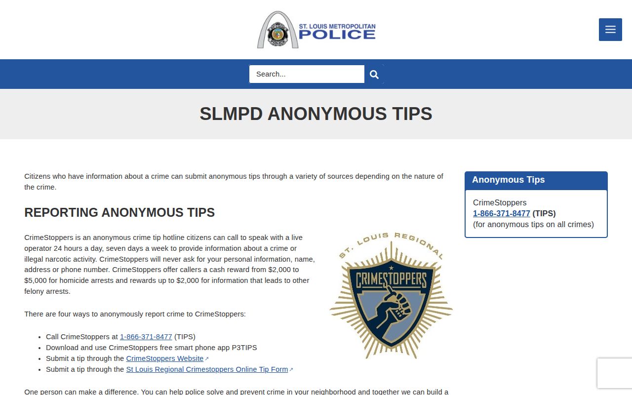 St. Louis City warrant tip reporting through the SLMPD anonymous tips page